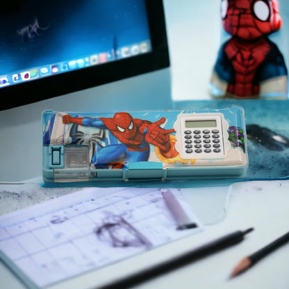 Spiderman Pencil Box Calculator Geometry Dual Sharpener with Calculator Blue