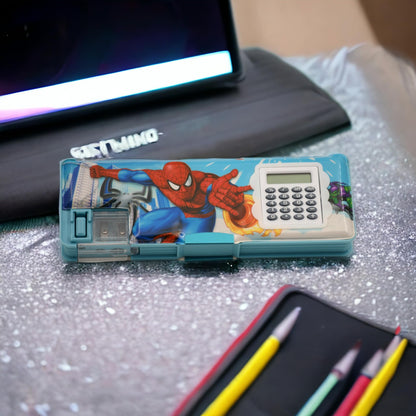 Spiderman Pencil Box Calculator Geometry Dual Sharpener with Calculator Blue