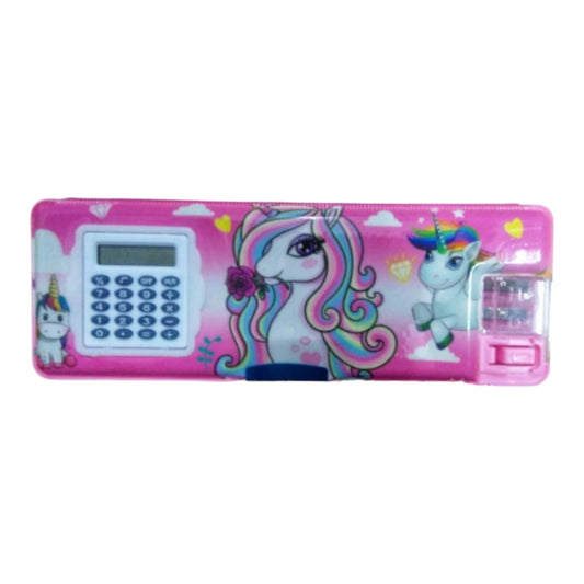 Horse Pencil Box Dual Sharpener with Calculator Pink